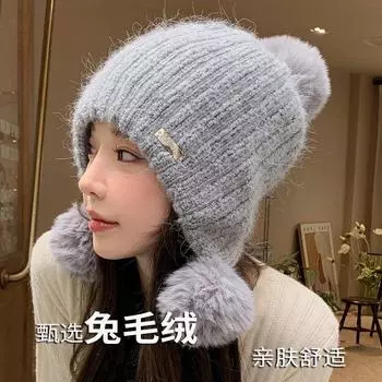 Зимняя шерстяная шапка из кроличьей шерсти, вязаная женская шапка с ромбовидным логотипом, бархатная теплая защитная шапка для ушей, женская One size белый