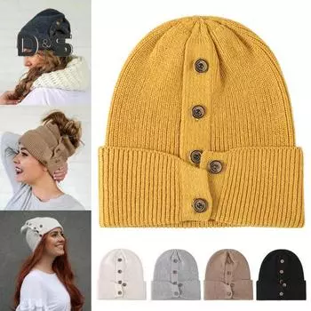 Зимняя шерстяная шапка-купол, без полей, однотонная, высокая эластичность, декор на пуговицах, плотная, сохраняющая тепло, шапка-бини унисекс для путешествий и поездок на работу, головной убор чёрный