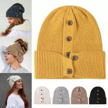 Зимняя шерстяная шапка-купол, без полей, однотонная, высокая эластичность, декор на пуговицах, плотная, сохраняющая тепло, шапка-бини унисекс для путешествий и поездок на работу, головной убор светло-серый