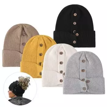 Зимняя шерстяная шапка-купол вязаная без полей однотонная высокоэластичная пуговица чёрный