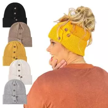 Зимняя шерстяная шапка-купол, вязаная, без полей, однотонная, высокая эластичность, декорированная пуговицами, плотная, держащаяся хаки