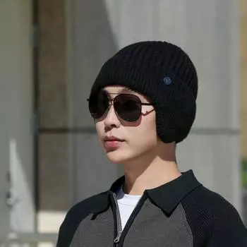 Зимняя шерстяная шапка мужская шапка-ушанка с толстым бархатом, теплая и ветрозащитная, зимняя вязаная шапка One Size чёрный