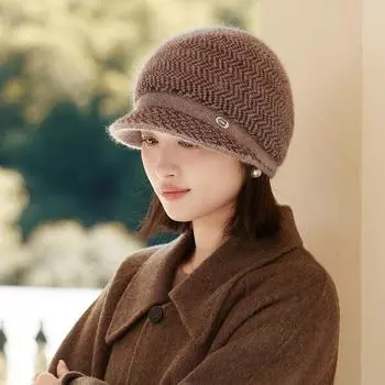 Зимняя шерстяная шапка с утолщенным утиным язычком, теплая шапка в западном стиле для пожилых людей среднего возраста, вязаная холодная шапка для женщин One size чёрный