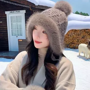 Зимняя шерстяная шапка женская милая защитная шапка для ушей из шерсти зимняя теплая шапка Lei Feng вязаная шапка из меха кролика