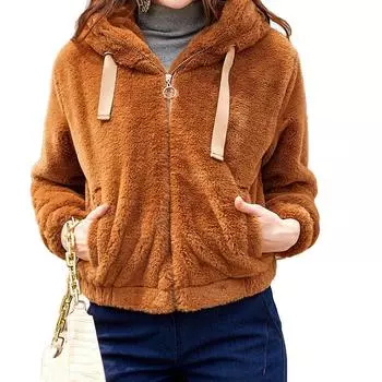 Зимняя шуба из искусственного кролика на молнии, уличная одежда, пушистая плюшевая куртка с капюшоном S коричневый