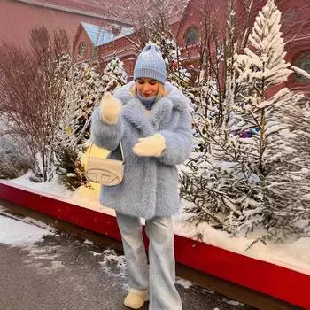 Зимняя шуба из искусственного меха лисы средней и длинной длины 2024 года S светло-синий