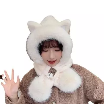 Зимняя симпатичная шапка с кошачьими ушками для женщин, шарф, утолщенная теплая шапка для защиты ушей, для верховой езды, лыжная шапка бежевый