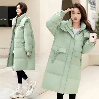 Зимняя средняя и длинная пуховая хлопковая одежда женская утолщенная свободная с капюшоном маленькая хлебная одежда куртка M хаки