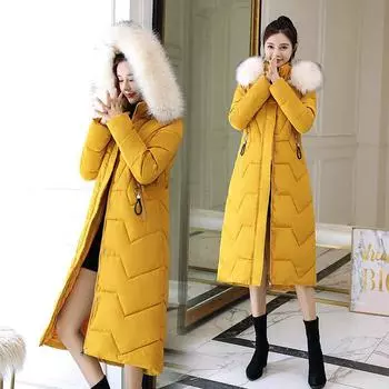 Зимняя стеганая куртка средней длины с большим меховым воротником, тонкая стеганая куртка больших размеров, модная женская стеганая куртка выше колена XXL