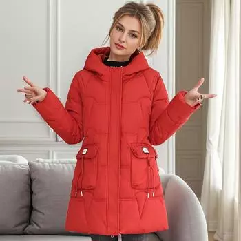 Зимняя стеганая одежда с капюшоном, женская, средней и длинной длины, свободная, темпераментная, стеганая одежда, студенческая повседневная стеганая куртка M чёрный