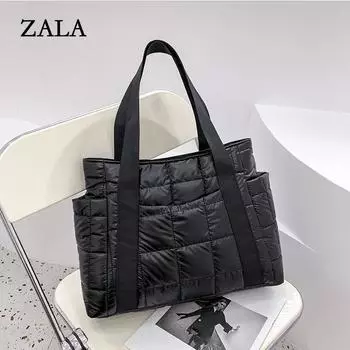 Зимняя стеганая сумка-тоут для женщин, большая вместительная сумка на плечо, модная нейлоновая хлопковая сумка с верхней ручкой, сумка для покупок 36*11*30cm серый