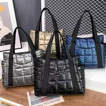 Зимняя стеганая сумка-тоут для женщин, большая вместительная сумка на плечо, модная нейлоновая хлопковая сумка с верхней ручкой, сумка для покупок 36*11*30cm чёрный
