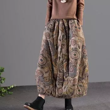 Зимняя стеганая юбка миди с ретро-арт-принтом 2023 года с эластичной талией Large