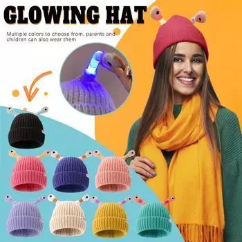 Зимняя светящаяся вязаная шапка для родителей и детей One Size синий