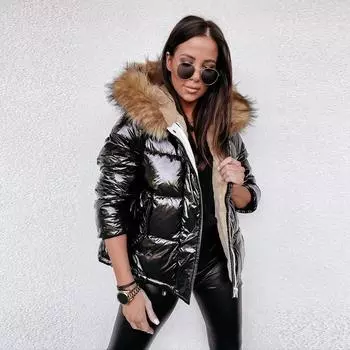 Зимняя свободная хлопковая одежда средней длины с капюшоном, женская однотонная блестящая куртка из искусственной кожи, большой меховой воротник, пуховое хлопковое пальто, женская повседневная толстая теплая парка на молнии S золотой