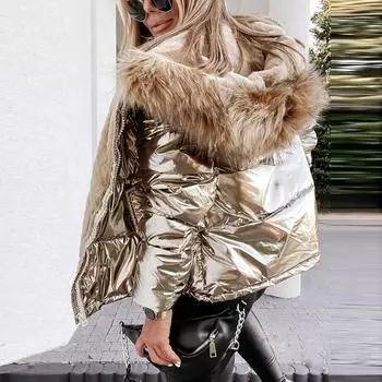 Зимняя свободная хлопковая одежда средней длины с капюшоном, женская однотонная блестящая куртка из искусственной кожи, большой меховой воротник, пуховое хлопковое пальто, женская повседневная толстая теплая парка на молнии L чёрный