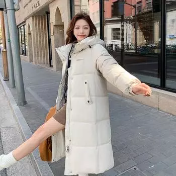 Зимняя свободная куртка длиной до колена с хлопковой подкладкой, корейская версия, утолщенная куртка с капюшоном и хлопковой подкладкой M чёрный