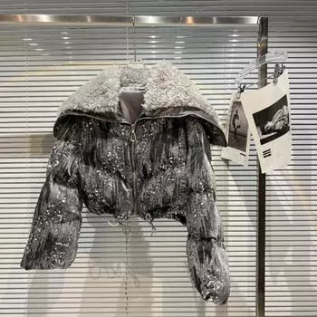 Зимняя свободная куртка из твида с длинными рукавами и пайетками, короткая куртка из блестящего бархата из хлопка с воротником в морском стиле, жилет, пальто free белый