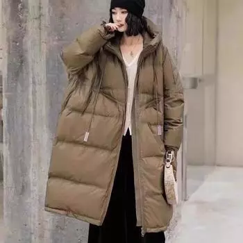 Зимняя свободная куртка-пуховик с капюшоном и завязками на шнурке для женщин, однотонное повседневное длинное теплое пальто на белом утином пуху One Size чёрный