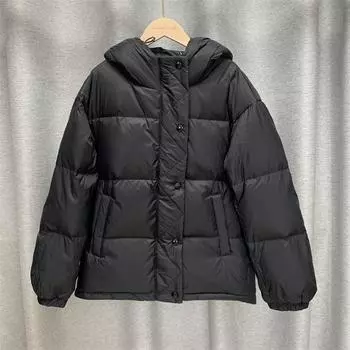 Зимняя свободная однотонная куртка с мягкой подкладкой на молнии и воротником с капюшоном, универсальное теплое белое пальто на утином пуху для женщин M чёрный