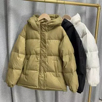 Зимняя свободная однотонная куртка с мягкой подкладкой на молнии и воротником с капюшоном, универсальное теплое белое пальто на утином пуху для женщин S бежевый