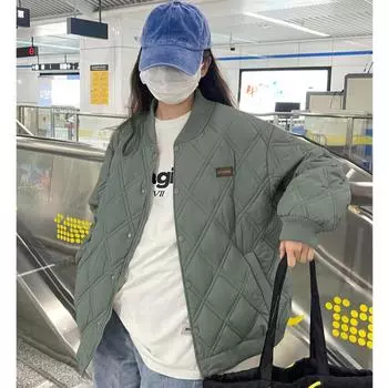 Зимняя свободная теплая хлопковая куртка с бейсбольным дизайном для женщин Верхняя одежда Пальто M хаки