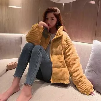 Зимняя свободная вельветовая хлопковая стеганая куртка для студентов, пальто желтого и белого цвета, теплая одежда S чёрный