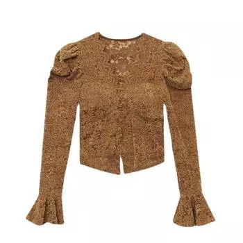 Зимняя темпераментная кружевная рубашка с рукавами-фонариками, V-образным вырезом и нагрудной накладкой, футболка с длинным рукавом, женская короткая облегающая и универсальная базовая рубашка S белый