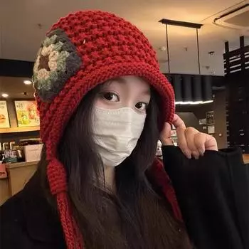 Зимняя теплая этническая шляпа с цветочной бахромой, женская дорожная фото модная милая вышитая защитная шапка Lei Feng M56-58cm красный