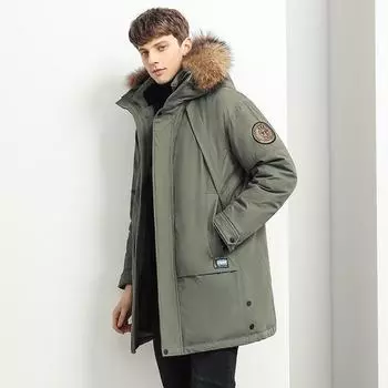 Зимняя теплая длинная куртка мужская деловая повседневная куртка с капюшоном свободная куртка больших размеров сохраняющая тепло печать на погонах M чёрный