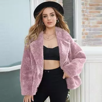 Зимняя теплая дубленка из флиса с натуральным мехом, короткое плюшевое пальто с карманом XS розовый