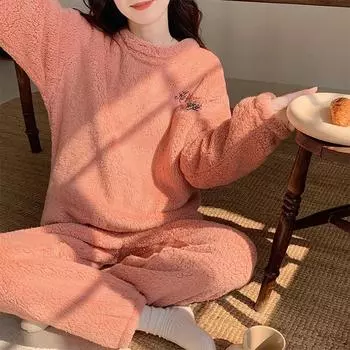 Зимняя теплая фланелевая женская пижама комплект с длинными рукавами брюки комплект из двух предметов пижама домашняя одежда вышитые буквы женская одежда для сна M