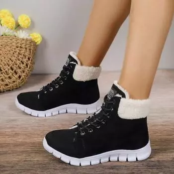 Зимняя теплая и удобная повседневная женская обувь, новые круглые носки, плоская подошва, перекрестные с манжетами, плюшевые модные короткие ботинки 36