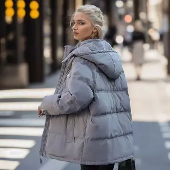 Зимняя теплая и утолщенная короткая корейская версия студенческой пуховой одежды с хлопковой подкладкой женские куртки простые повседневные спортивные свободные куртки с хлопковой подкладкой M серый