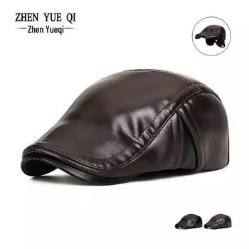 Зимняя теплая кепка-утконос из полиуретана для мужчин среднего и пожилого возраста с защитой ушей adjustable чёрный