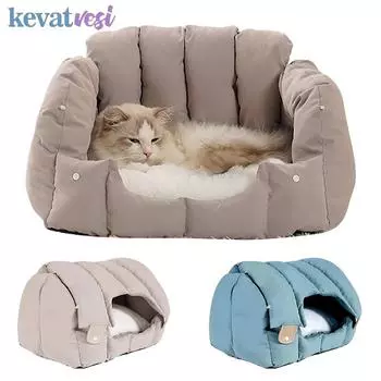 Зимняя теплая кошачья кровать, полностью закрытое гнездо для кошек, удобное гнездо для сна для котят, уютный кошачий диван, товары для животных 52x44x32cm зелёный