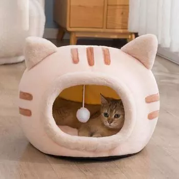 Зимняя теплая кровать для кошек в форме кошки, мягкая, удобная, износостойкая, полузакрытая, кошачий домик, товары для домашних животных
