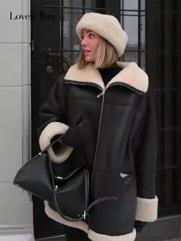 Зимняя теплая куртка большого размера с лацканами, женская меховая мотоциклетная утолщенная куртка с длинными рукавами, женская уличная одежда на молнии средней длины, верхняя одежда с карманами S чёрный