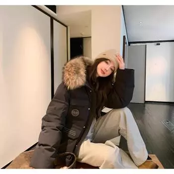 Зимняя теплая куртка-пуховик 2024 года, новая популярная куртка с меховым воротником и капюшоном, высококачественная куртка для маленьких девочек в иностранном стиле S чёрный