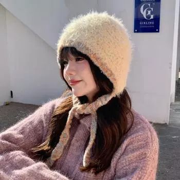 Зимняя теплая маленькая плюшевая вязаная шапка для лица, контрастная шапка, двойная защита для ушей, милая шерстяная шапка, шапка Lei Feng average size