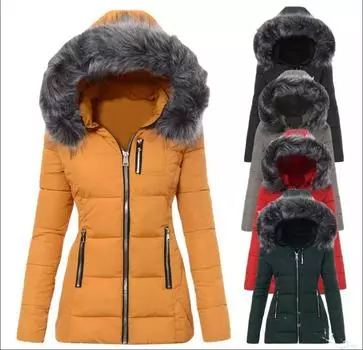 Зимняя теплая модная женская парка с капюшоном с принтом, повседневная верхняя одежда, меховые пальто с капюшоном XS чёрный