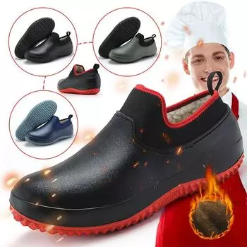 Зимняя теплая мужская обувь для повара, женская рабочая хлопковая обувь для повара, водонепроницаемая маслостойкая кухонная обувь, нескользящая защитная обувь для ресторана, отеля, водная обувь 36 чёрный
