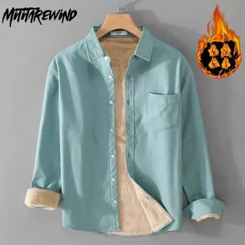 Зимняя теплая мужская одежда, повседневная, утепленная, с длинным рукавом, оксфордская, мужская рубашка с воротником-лацкан, однотонная флисовая рубашка, простой стиль M белый