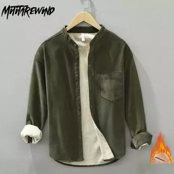 Зимняя теплая мужская повседневная рубашка в простом стиле, повседневная, из плотного вельвета, свободного кроя, из чистого хлопка, однотонная флисовая рубашка с воротником-стойкой и карманом M зелёный