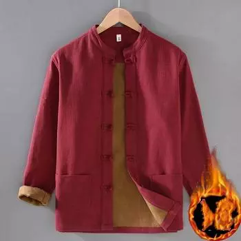 Зимняя теплая мужская рубашка Хлопок Лен Утолщенное Повседневное Пальто Воротник-стойка Застежка-диск Рубашка Серая Флисовая Куртка Китайская Традиционная Одежда M