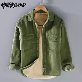 Зимняя теплая мужская рубашка, повседневная, из чистого хлопка, утолщенная рабочая рубашка для мужчин, винтажная, с двойными карманами, свободная, вельветовая флисовая рубашка M серый