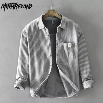 Зимняя теплая мужская рубашка, повседневная, мужская, повседневная, корейский стиль, полосатая флисовая рубашка с воротником-лацканами, на пуговицах M чёрный