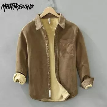 Зимняя теплая мужская рубашка, повседневные топы из чистого хлопка, вельветовая однотонная рубашка с лацканами, флисовая рубашка, простая мужская одежда M кофейный