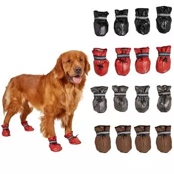 Зимняя теплая обувь для домашних собак из искусственной кожи, водонепроницаемые ботинки для собак, хлопковые регулируемые нескользящие ботинки, ботинки для домашних животных, защита лап золотистого ретривера, светоотражающие ботинки 8 коричневый