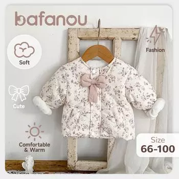 Зимняя теплая одежда для маленьких девочек, утепленное пальто, милая детская куртка с цветочным принтом, утепленная одежда с бантом для маленьких девочек, bafanou 65145 66cm(3-6M)